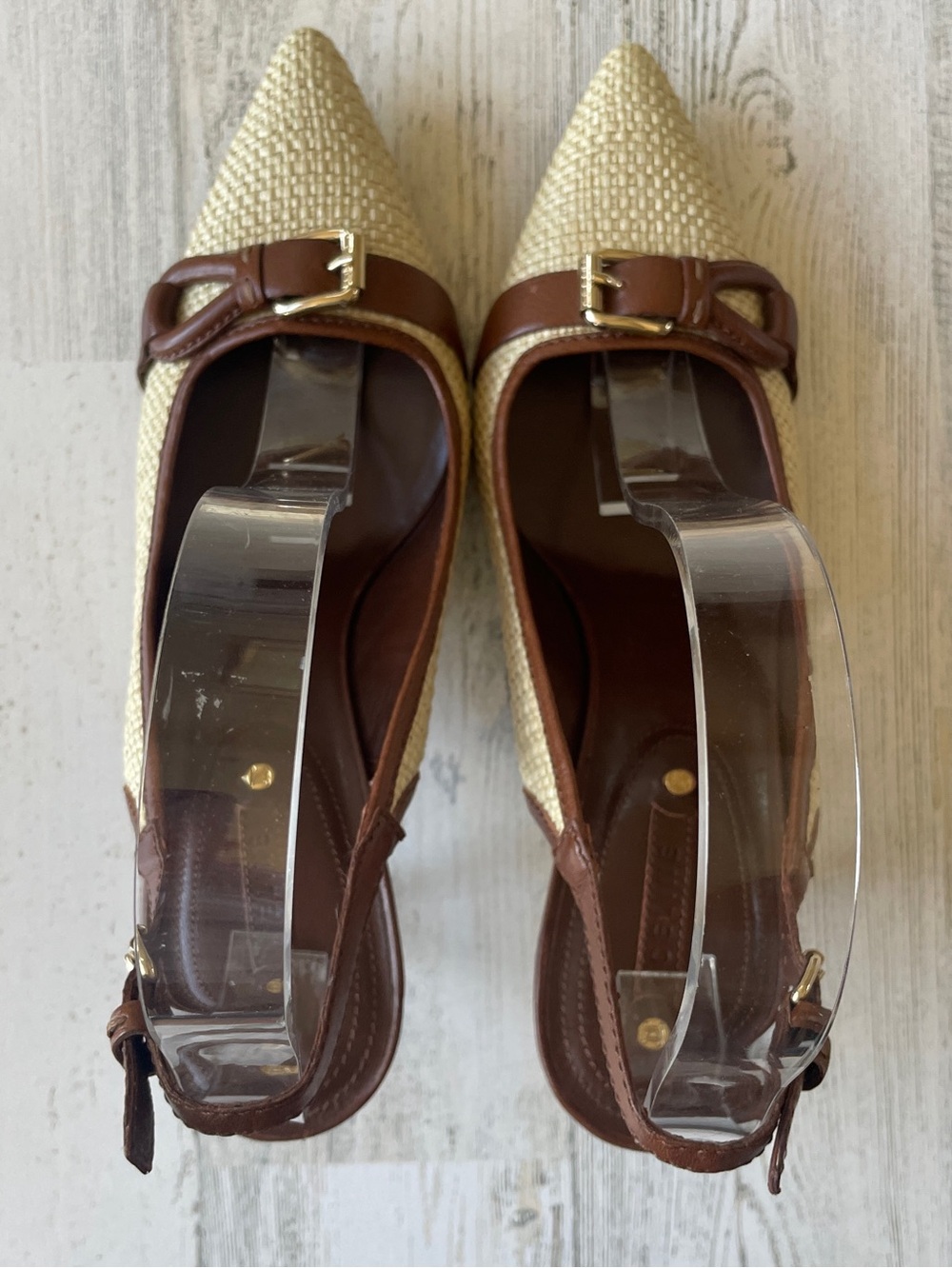 Celine Slingback Heels Brown Leather & Raffia Straw Pointed-Toe SZ 40.5 C US 9.5 - Picture 8 of 14